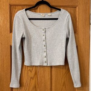 Gray Ribbed Button-Up Women's Top